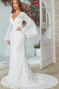 Marfim Sereia Renda Flare Mangas Vestido de Noiva