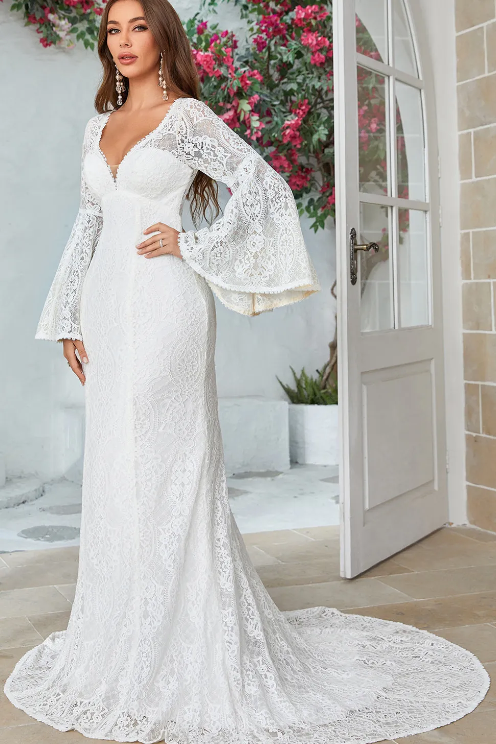 Marfim Sereia Renda Flare Mangas Vestido de Noiva