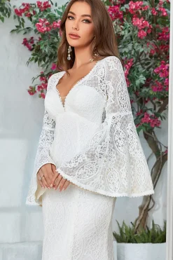 Marfim Sereia Renda Flare Mangas Vestido de Noiva