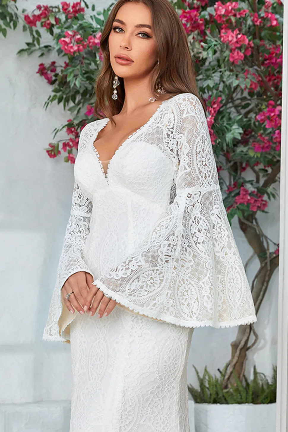 Marfim Sereia Renda Flare Mangas Vestido de Noiva