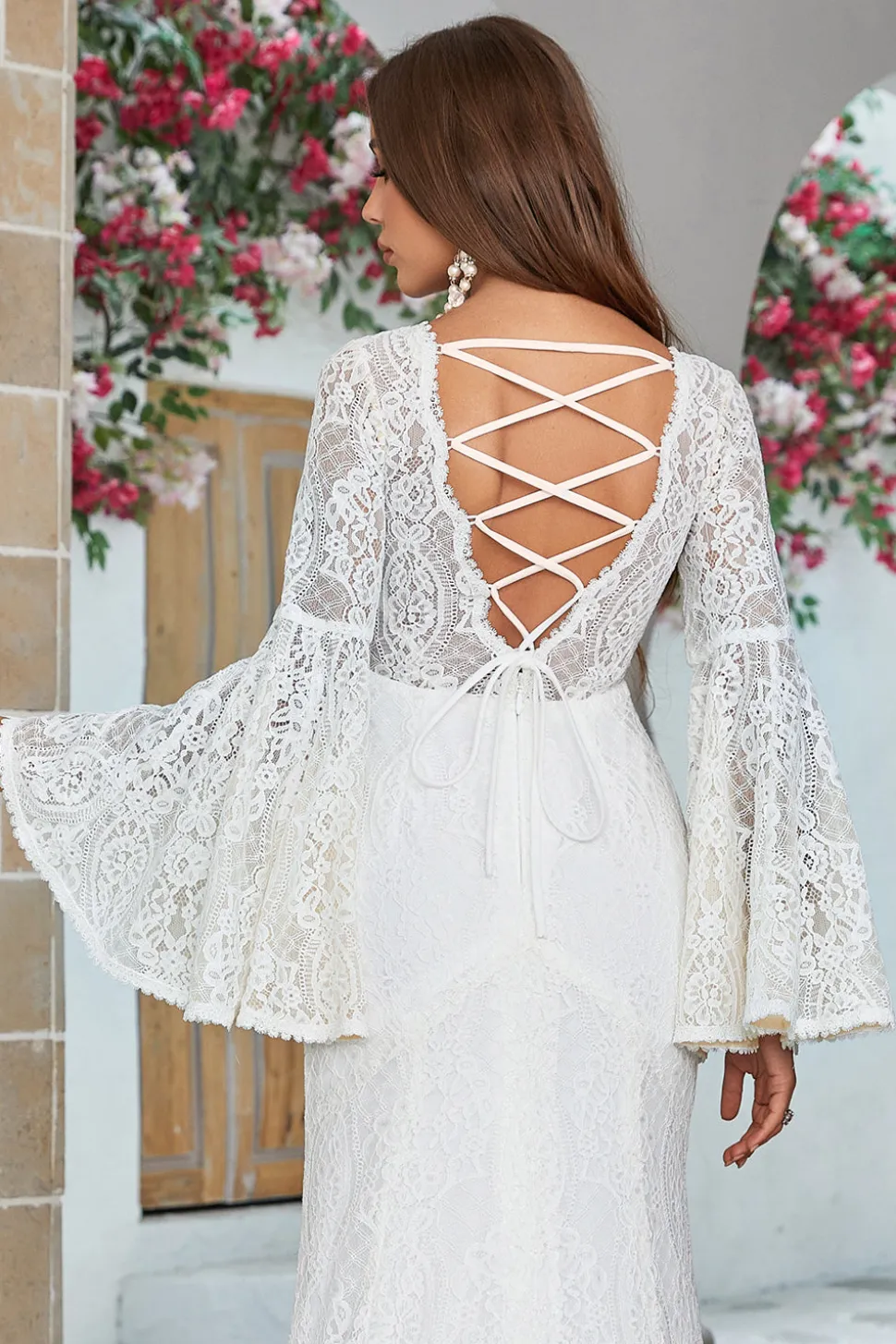 Marfim Sereia Renda Flare Mangas Vestido de Noiva