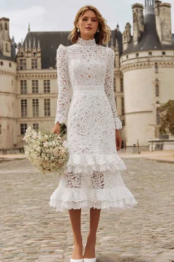 Marfim Sereia Renda Tiered Ruffled Courthouse Vestido de Noiva