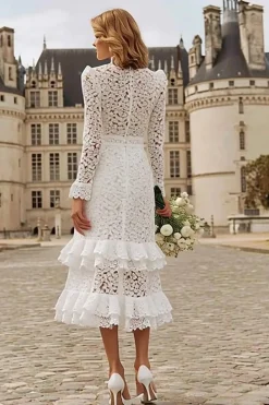 Marfim Sereia Renda Tiered Ruffled Courthouse Vestido de Noiva