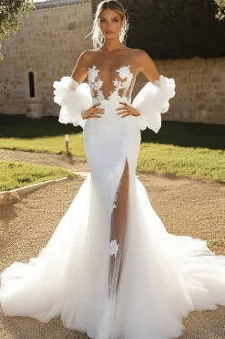 Marfim Sereia Renda Tule Meia Mangas Vestido de Noiva com Fenda