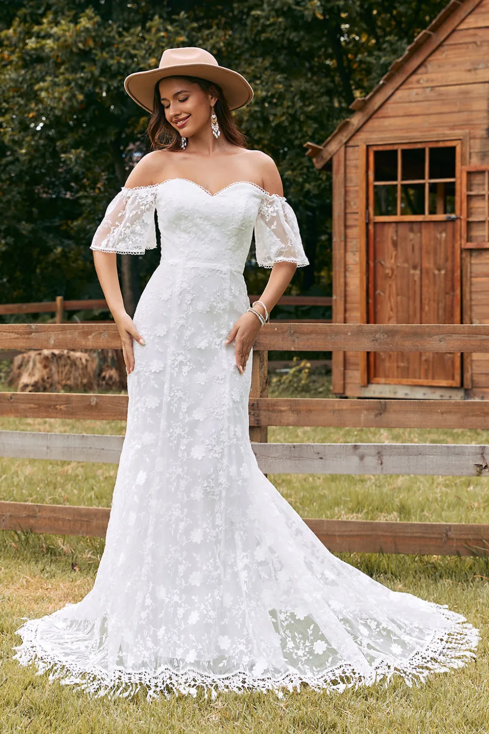 Marfim Sereia Renda Varredura Trem Vestido de Noiva com Mangas