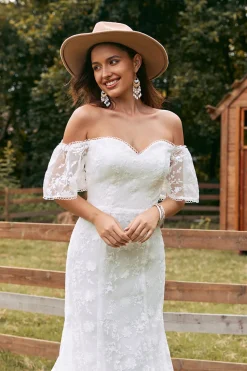 Marfim Sereia Renda Varredura Trem Vestido de Noiva com Mangas