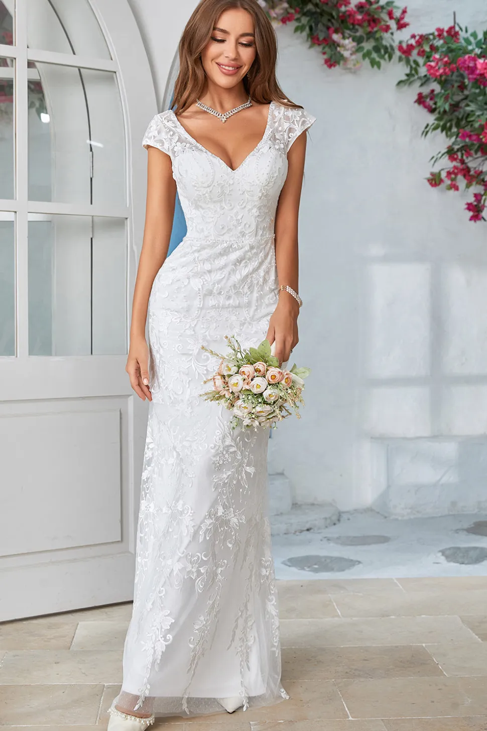 Marfim Sereia Renda V-Neck Vestido de Noiva
