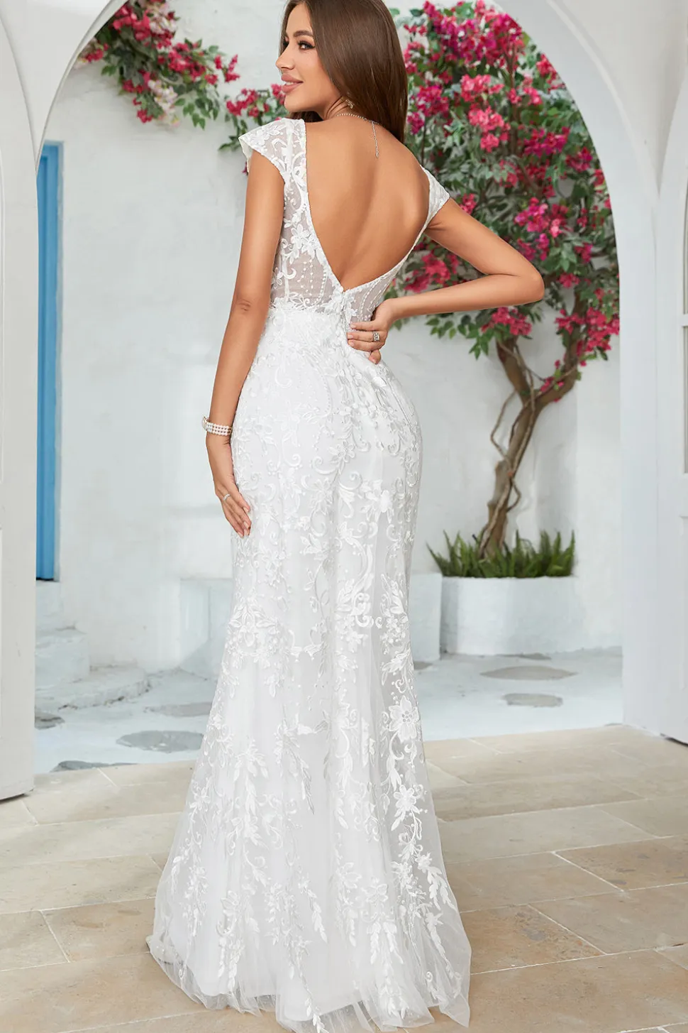 Marfim Sereia Renda V-Neck Vestido de Noiva