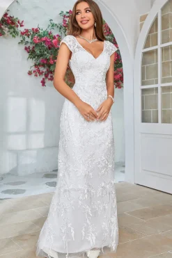 Marfim Sereia Renda V-Neck Vestido de Noiva