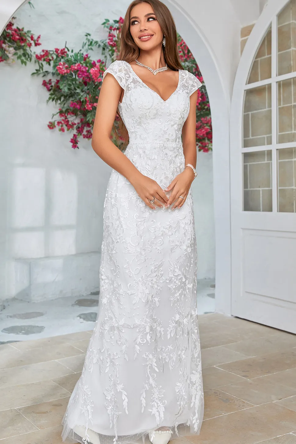 Marfim Sereia Renda V-Neck Vestido de Noiva