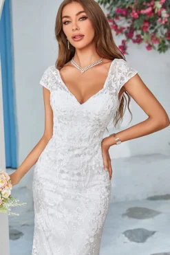Marfim Sereia Renda V-Neck Vestido de Noiva