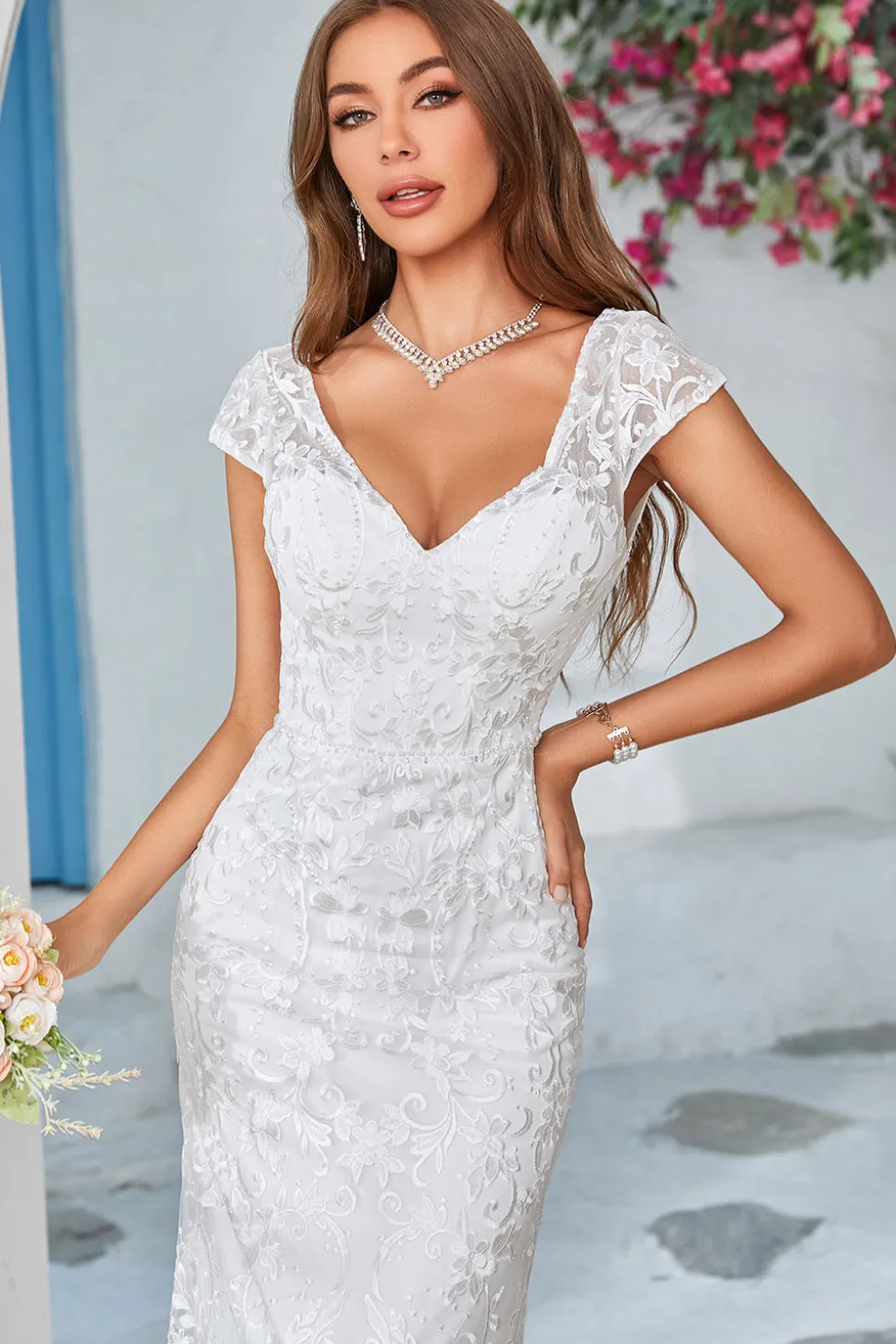 Marfim Sereia Renda V-Neck Vestido de Noiva