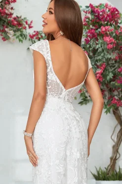 Marfim Sereia Renda V-Neck Vestido de Noiva