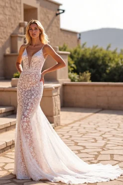 Marfim Sereia V Pescoço Renda Vestido de Noiva Longo