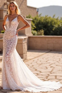 Marfim Sereia V Pescoço Renda Vestido de Noiva Longo