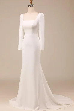 Marfim sereia vestido de noiva pescoço quadrado com mangas compridas