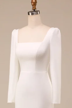 Marfim sereia vestido de noiva pescoço quadrado com mangas compridas