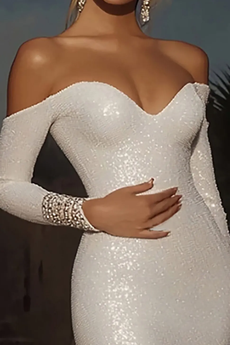 Marfim sexy fora do ombro lantejoulas A-Line vestido de noiva longo