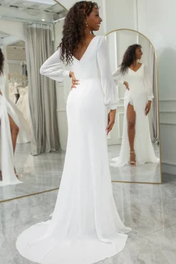 Marfim simples babado mangas compridas Boho vestido de noiva