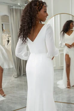 Marfim simples babado mangas compridas Boho vestido de noiva