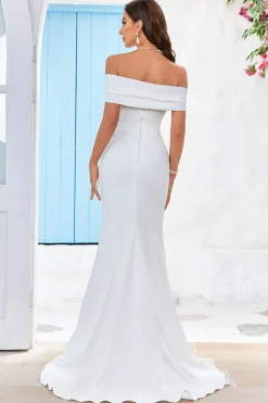 Marfim simples fora do ombro vestido de noiva com fenda