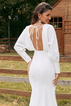 Marfim simples mangas longas sereia vestido de noiva