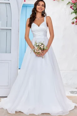 Marfim simples Organza Scoop Neck Sweep Train A Line Vestido de Noiva