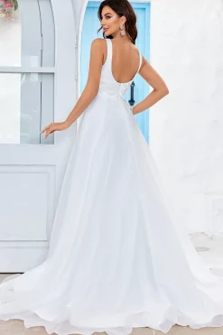 Marfim simples Organza Scoop Neck Sweep Train A Line Vestido de Noiva