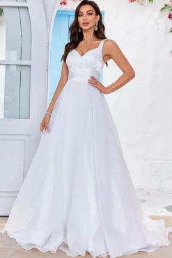 Marfim simples Organza Scoop Neck Sweep Train A Line Vestido de Noiva