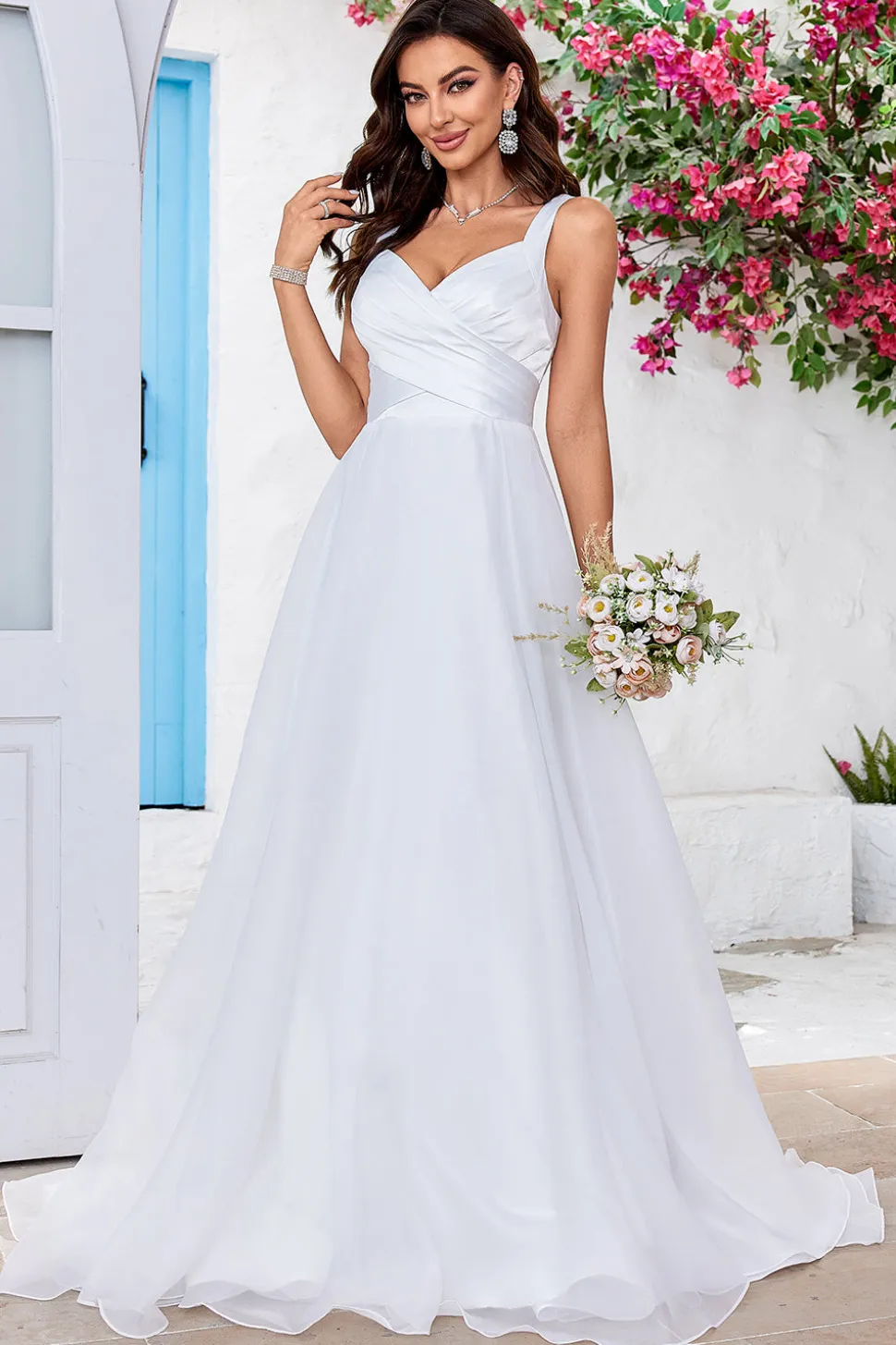 Marfim simples Organza Scoop Neck Sweep Train A Line Vestido de Noiva