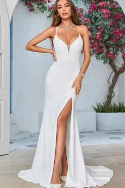 Marfim simples sereia varrer trem vestido de noiva