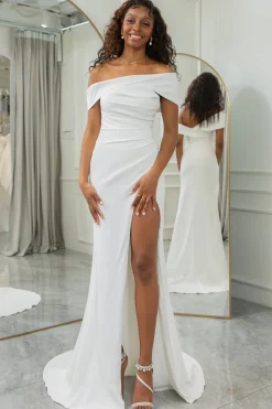 Marfim simples um ombro drapeado vestido de noiva com fenda
