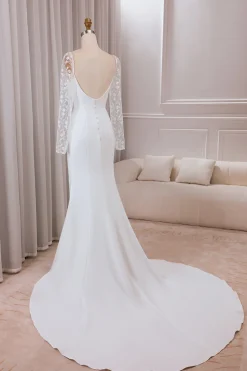 Marfim Trompete Querida Pescoço Cetim Vestido de Noiva com Renda Mangas Longas