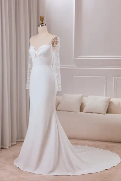 Marfim Trompete Querida Pescoço Cetim Vestido de Noiva com Renda Mangas Longas