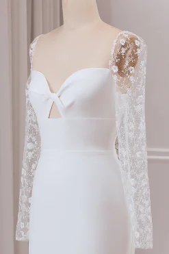 Marfim Trompete Querida Pescoço Cetim Vestido de Noiva com Renda Mangas Longas