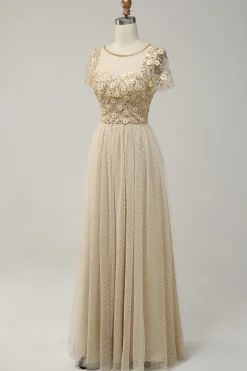 Marfim Tule A Line Lantejoulas Vestido de Festa com Apliques