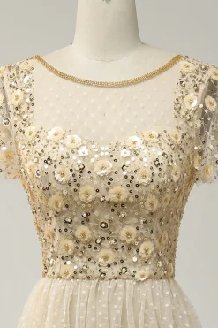 Marfim Tule A Line Lantejoulas Vestido de Festa com Apliques