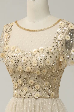 Marfim Tule A Line Lantejoulas Vestido de Festa com Apliques