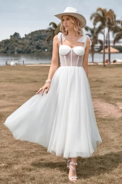 Marfim Tule Corset Tea-Length A Line Vestido de Noiva