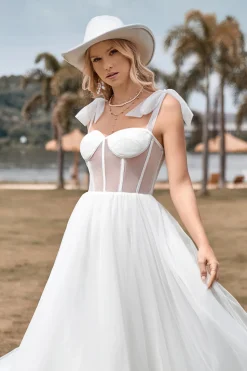 Marfim Tule Corset Tea-Length A Line Vestido de Noiva