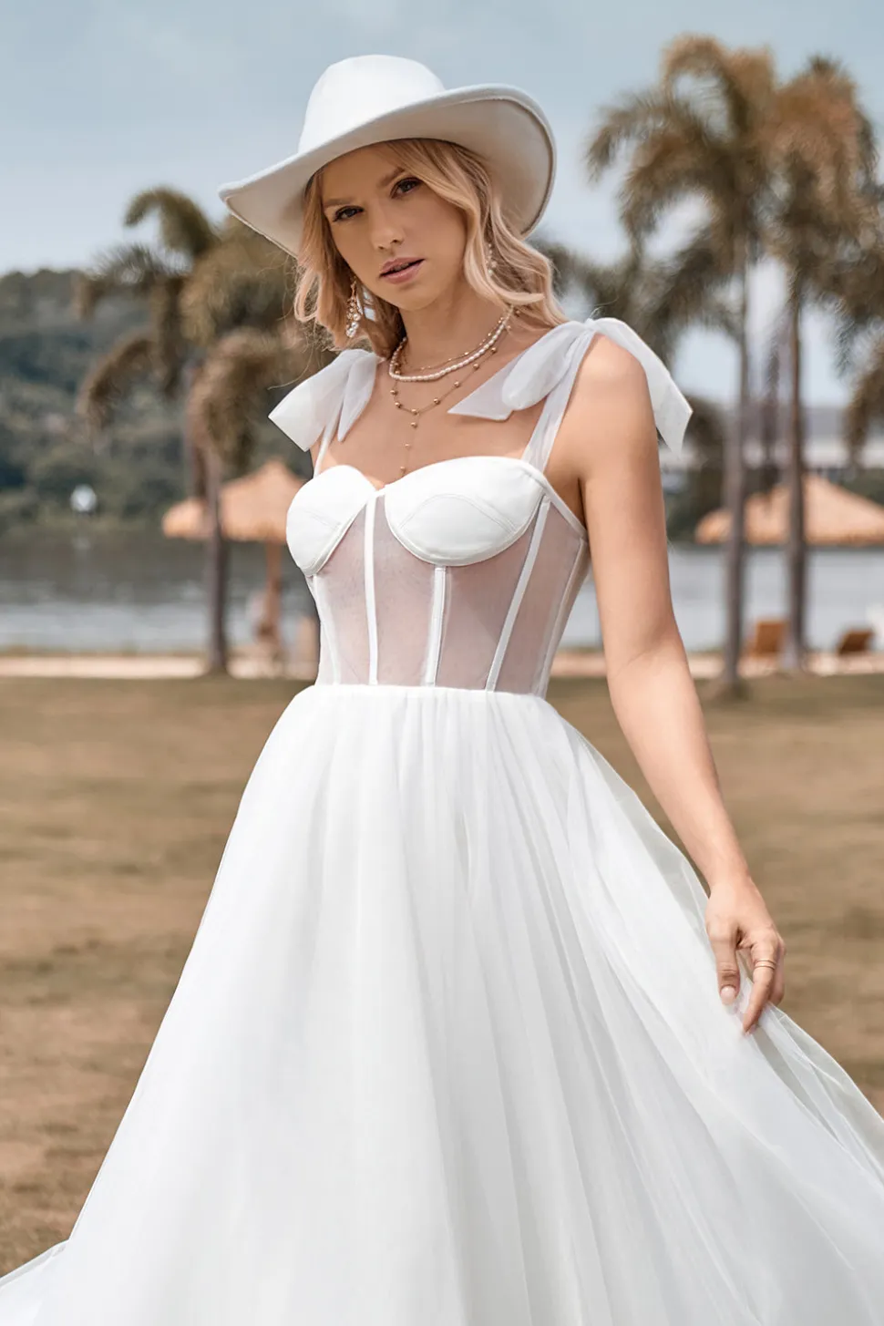 Marfim Tule Corset Tea-Length A Line Vestido de Noiva
