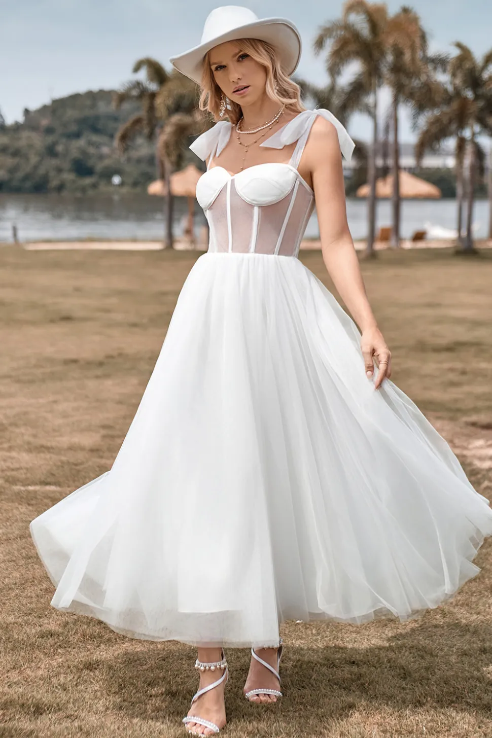 Marfim Tule Corset Tea-Length A Line Vestido de Noiva