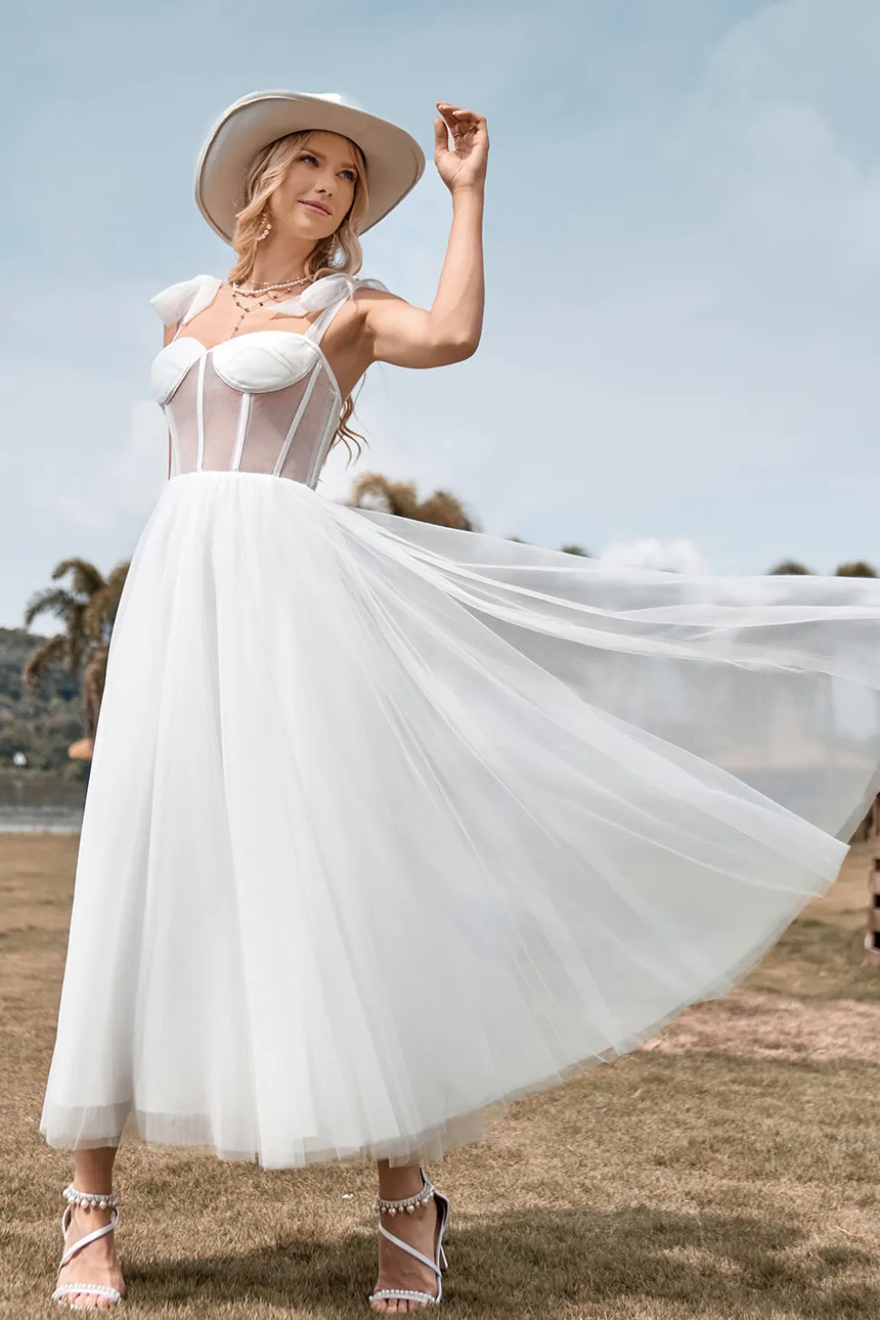 Marfim Tule Corset Tea-Length A Line Vestido de Noiva