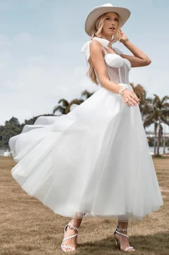 Marfim Tule Corset Tea-Length A Line Vestido de Noiva