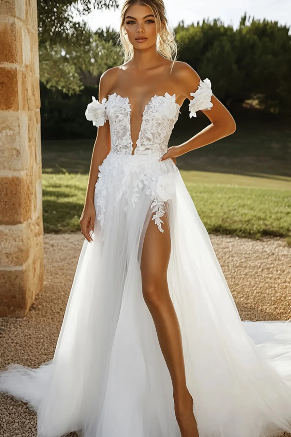 Marfim Tule Lace Uma linha de vestido de noiva com apliques