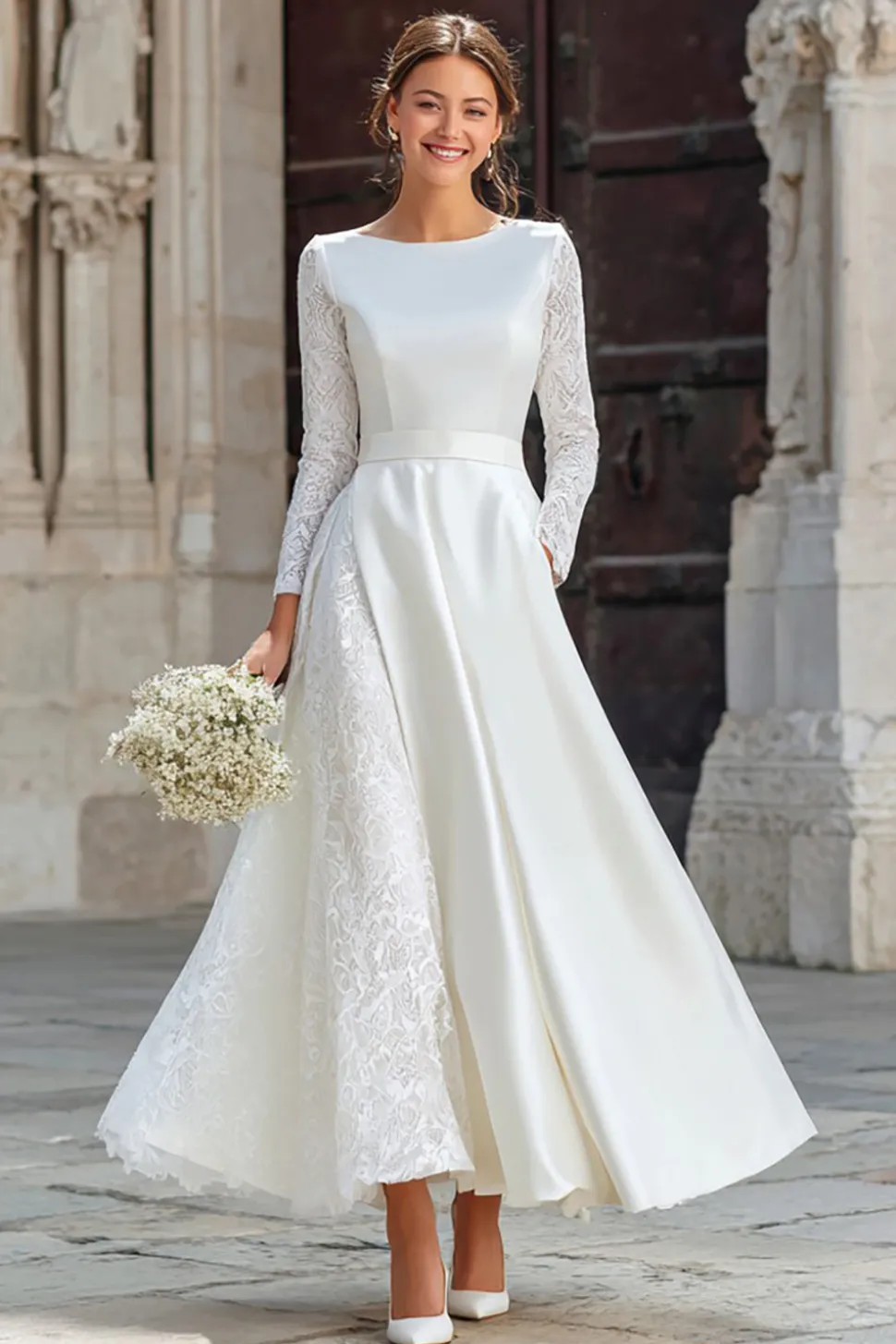 Marfim Uma linha barco pescoço vestido de receção de casamento com renda