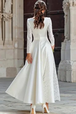 Marfim Uma linha barco pescoço vestido de receção de casamento com renda