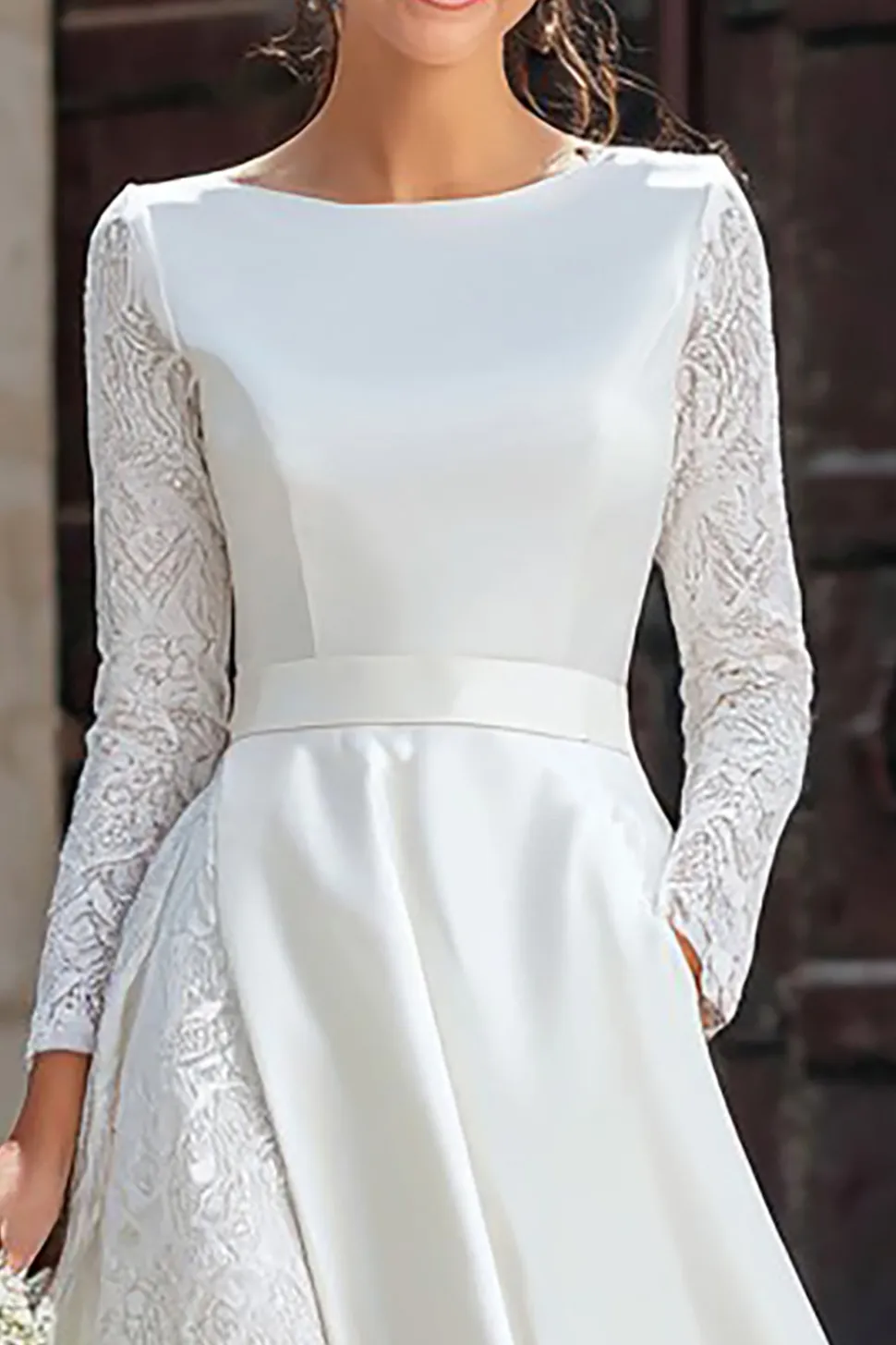 Marfim Uma linha barco pescoço vestido de receção de casamento com renda