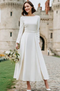 Marfim Uma Linha Bateau Neck Vestido de noivado longo com mangas compridas