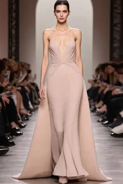 Marfim Uma linha de cetim Ruched espaguete correias longo vestido de noite